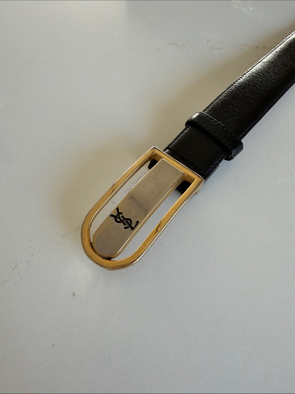 Yves Saint Laurent Vintage Man Black Leather Belt with Gold-Tone Buckle